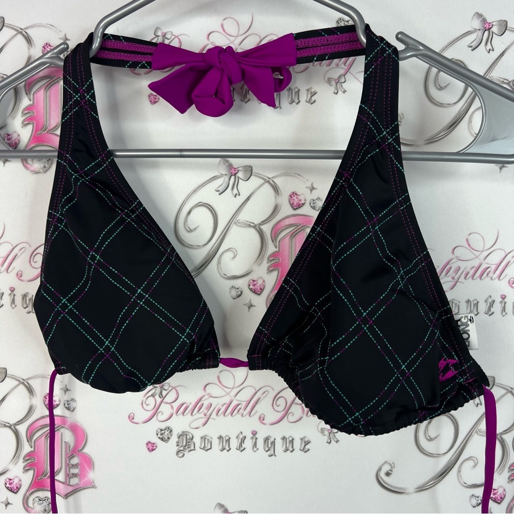 Billabong bikini top y2k blue stitching Black and Purple Plaid Bikini Top
